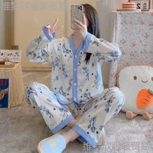 跨境睡衣女和服领小香风长袖长裤仿真丝春秋季外贸开衫大码家居服