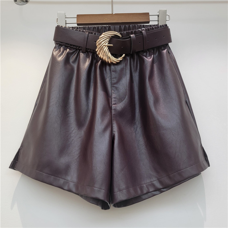 Pantalones Cortos A-Line de Cuero PU de Cintura Alta para Mujer