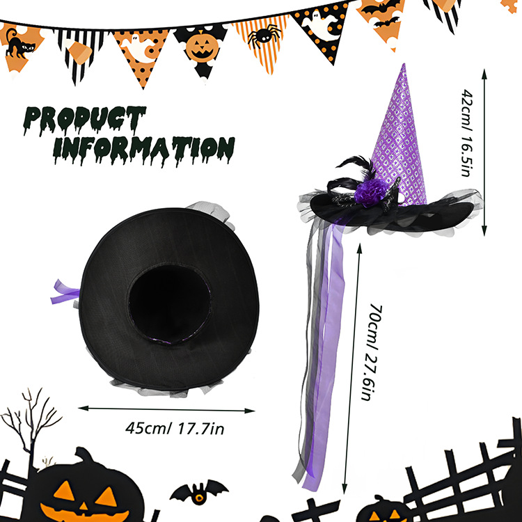 Nuevo sombrero de bruja de Halloween transfronterizo, sombrero de bruja morado negro, mascarada luminosa naranja, vestido de fiesta