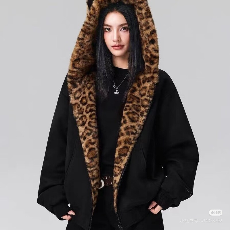 Winter Cute Pink Rabbit Ear Warm Cotton Jacket Fashion Coat for Women with Leopard Print Lining, Zipper, Hooded, Thickened Cotton Coat Trendy