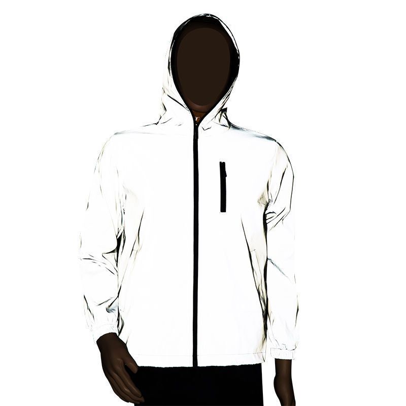 Hooded windbreaker, reflective, luminous, trendy men's jacket, spring casual, for nighttime outdoor running, windproof, silver-gray, standard fit