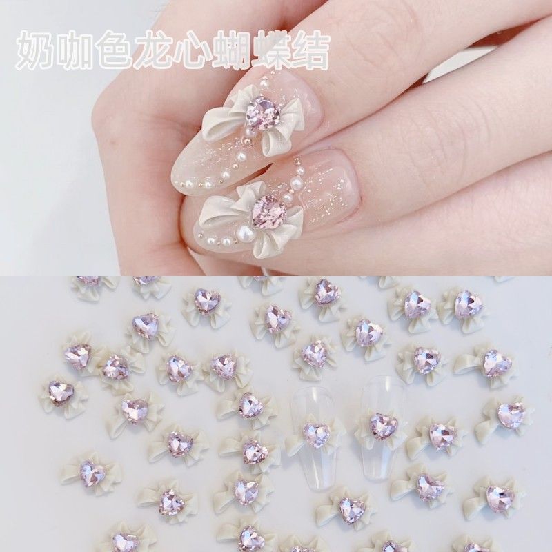 2024 Milk Coffee Color Dragon Heart Bow Love Bow Haze Purple Girl Nail Decoration Nail Art Accessories