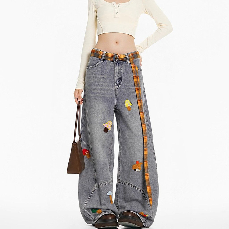 American Cartoon Fun Embroidered Jeans for Women Autum 2025 New Retro Loose Straight Draped Wide Leg Pants