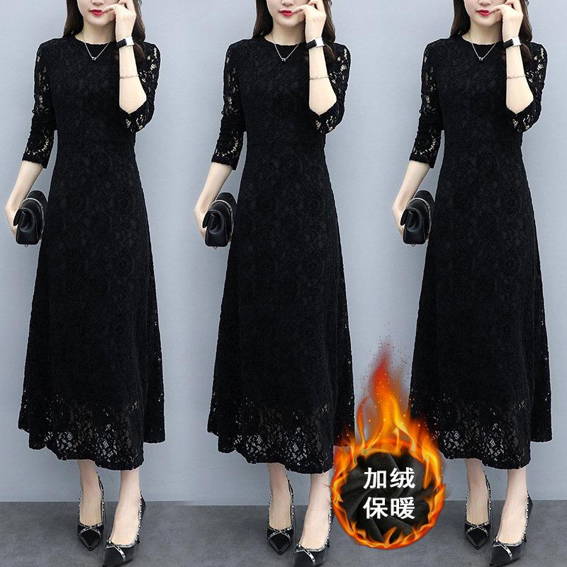 Elegant Cross-Border Trade 2026 Autumn and Winter New Lace Dress for Women, Long Plus Size, Waist-Cinching, Slimming, Elegant Long Dress
