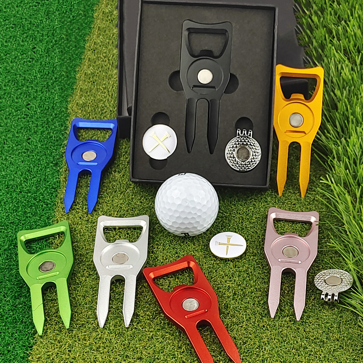 Description Picture 2 of itemNew Golf Gift Set Green Fork Aluminum Alloy CNC Anodized Ball Marker Divot Tool Repairer with Gift Box