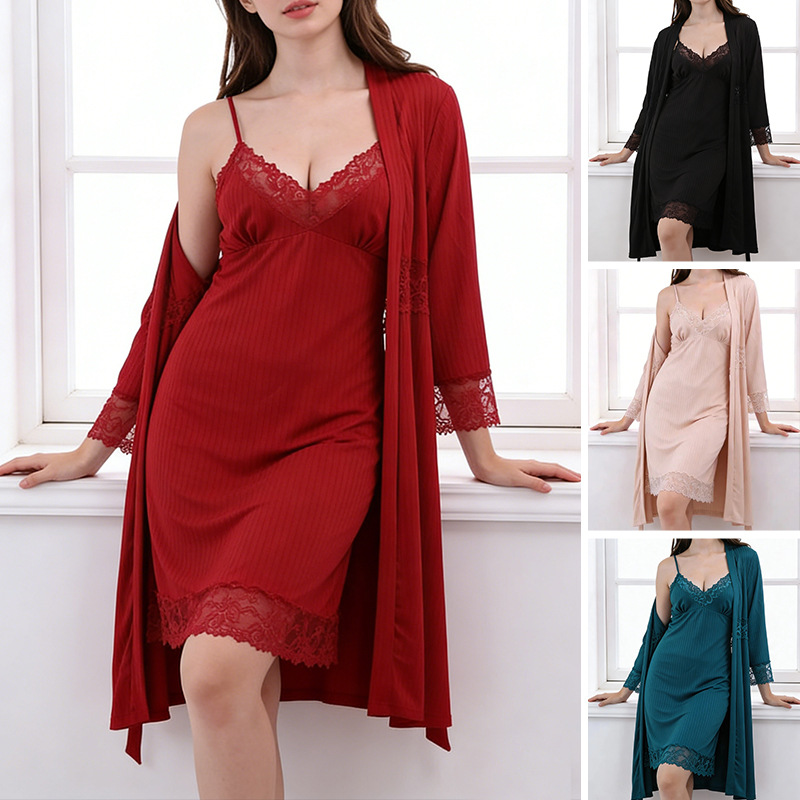 크로스보더 여름 롱 사이즈 고급 잠옷 레이스 섹시 슬립 섹시 투피스 잠옷 도매