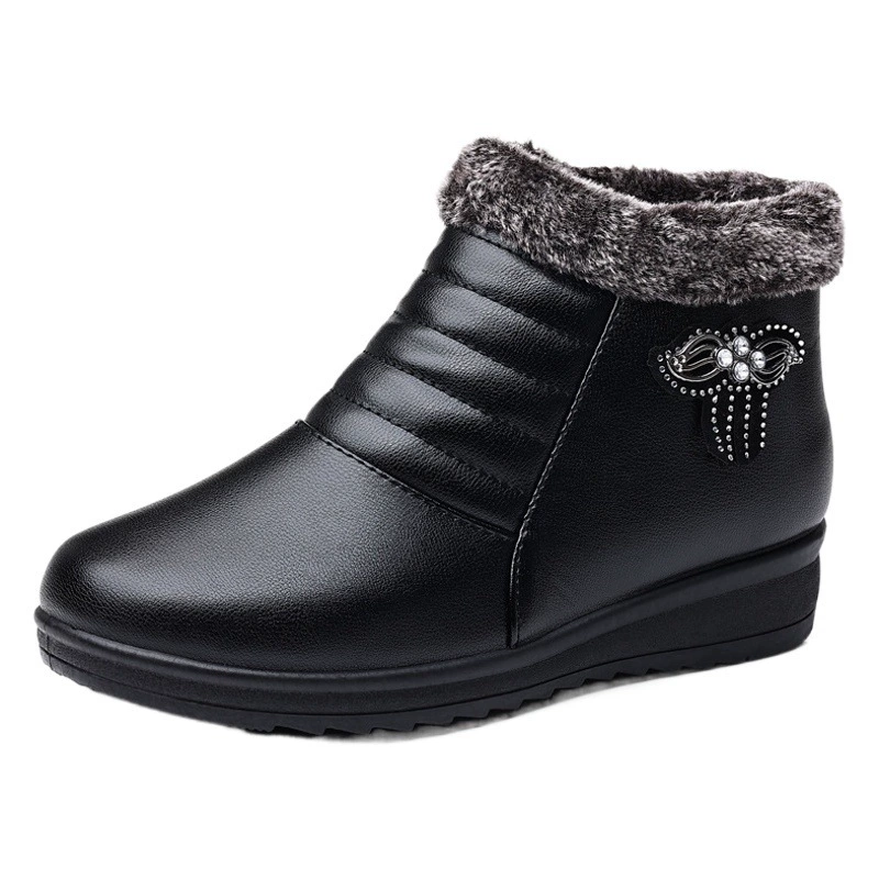 Зимняя обувь для мам, хлопчатобумажная обувь среднего и пожилого возраста, теплая и удобная Нескользящая кожаная обувь на плоской подошве с мягким дном больших размеров на флисовой подкладке оптом