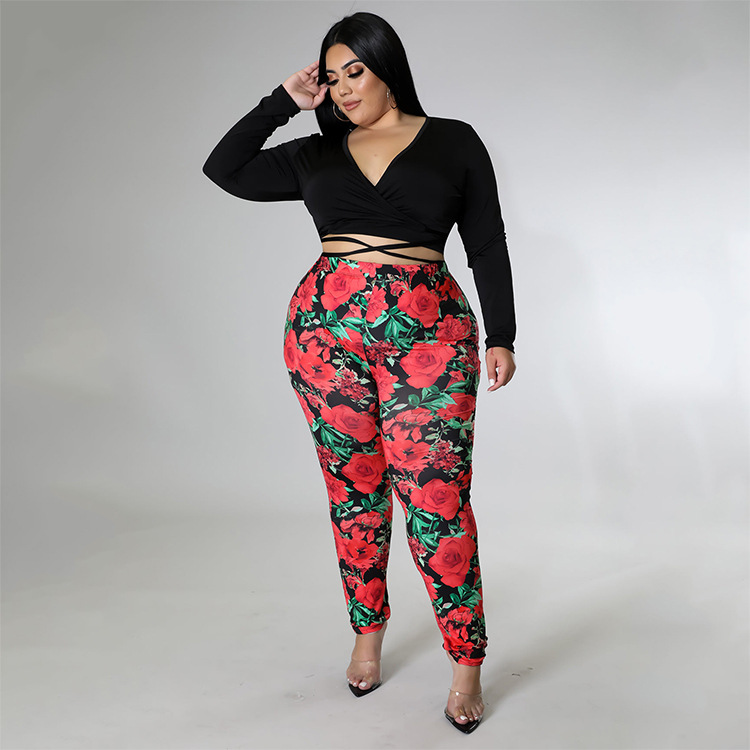 plus size solid color V-Neck Tight Top printed Pants Two-piece Set NSCYF122396