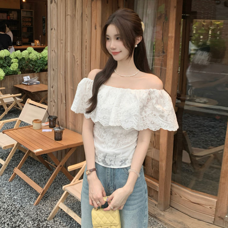 2025 Summer French One-Shoulder Ruffled Short-Sleeve Lace Blouse for Women, Waist-Cinching Slimming Embroidered Thin White Top