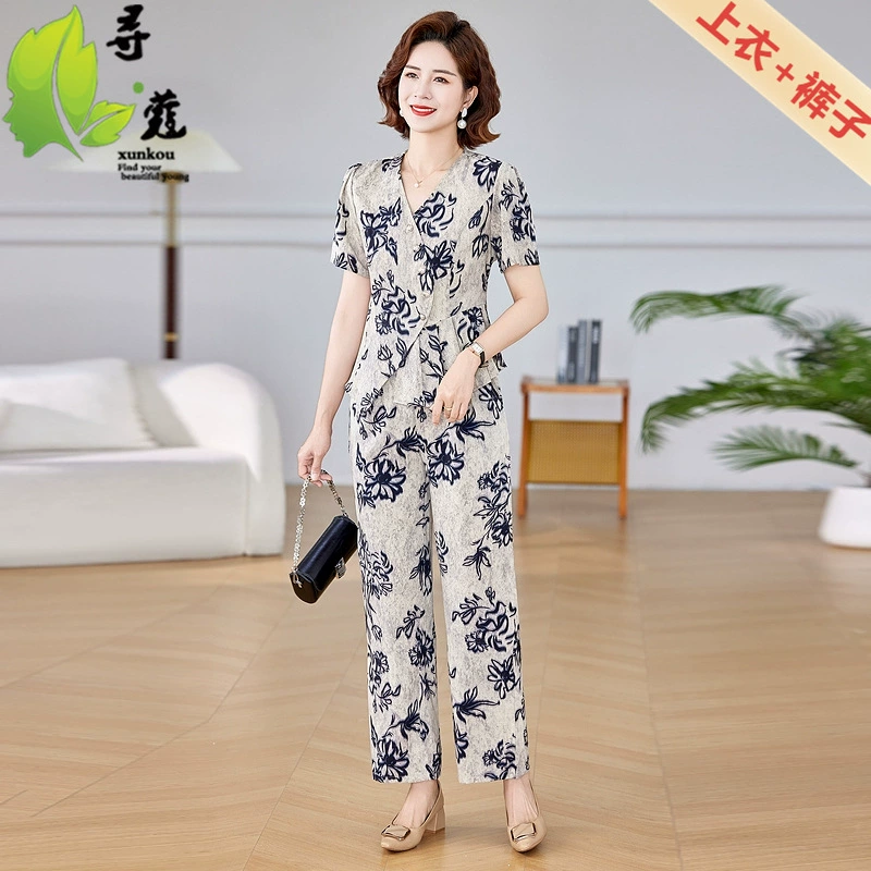 Летнее платье с завышенной талией для женщин среднего возраста, тонкое летнее модное платье с принтом для мам и бабушек.