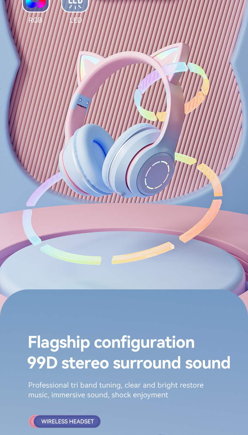 Stopniowe światło Kocie uszy (gotowany na parze chleb w kształcie kocich uszu) uroczy bezprzewodowy uniwersalny zestaw słuchawkowy Bluetooth_voghion.com