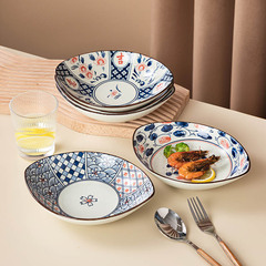 輕奢復古日式釉下彩陶瓷橄欖船盤餐廳創意擺盤家用沙拉盤小吃盤子