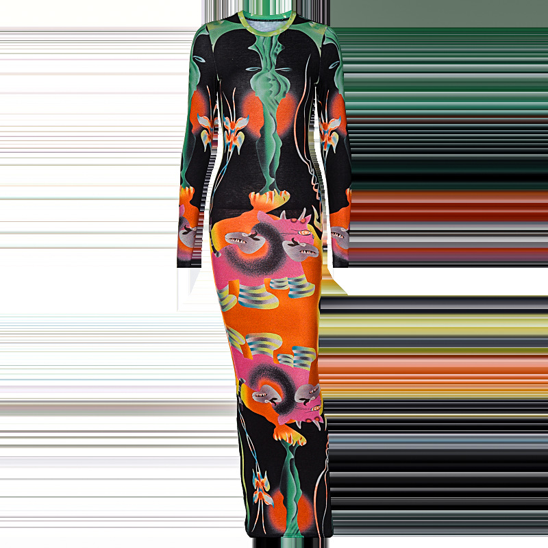 Robe longue imprimée pour femmes, nouvelle mode automne 2024, coupe ajustée, col rond, manches, tempérament_voghion.com