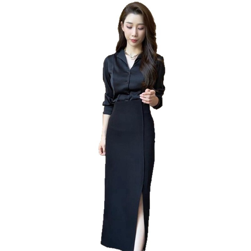 2025春夏女装新款V领长袖衬衫套装高腰气质开叉半身裙时尚两件套|undefined