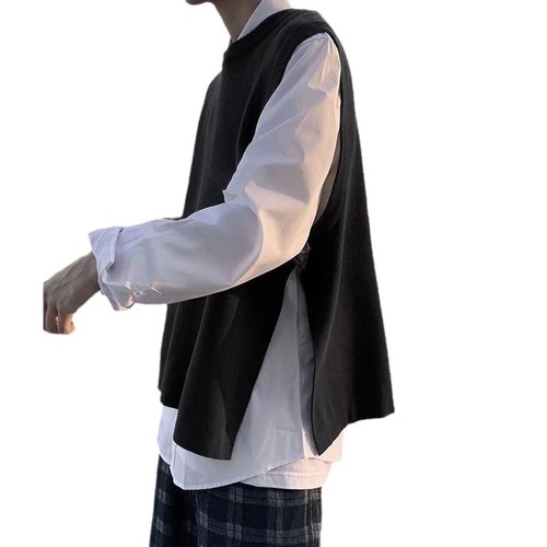 Men's Fashion V-Neck Cardigan with Side Slits, Loose-Fitting, Sleeveless, Hong Kong Style, Korean Version, Outerwear