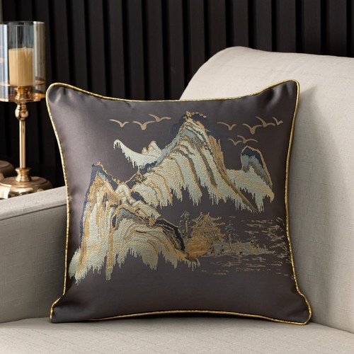 Light luxury Chinese landscape pillow office mahogany square sofa waist cushion cushion bedroom window window jacquard pillow case