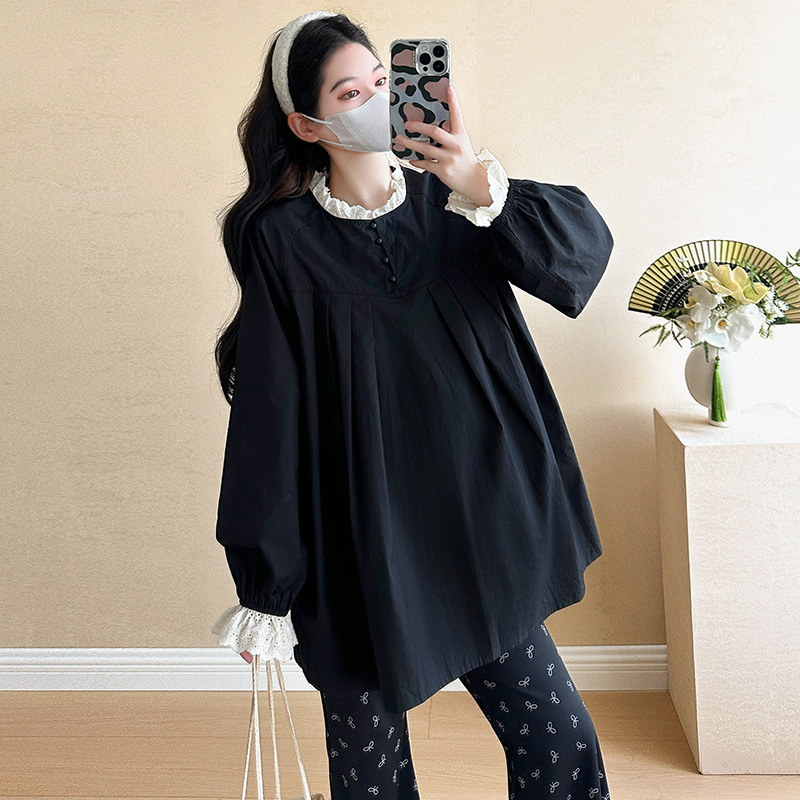 임산부 정장 초봄 신상 원목 귀 가장자리 스티칭 플리츠 긴팔 셔츠 + 프린트 플레어 팬츠 투피스 정장