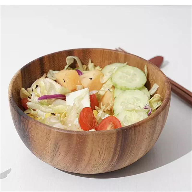 Tazón redondo de madera maciza transfronteriza tazón de fruta para el hogar vajilla de madera enferma de amor de estilo japonés tazón de color sólido tazón de ensalada de madera entera