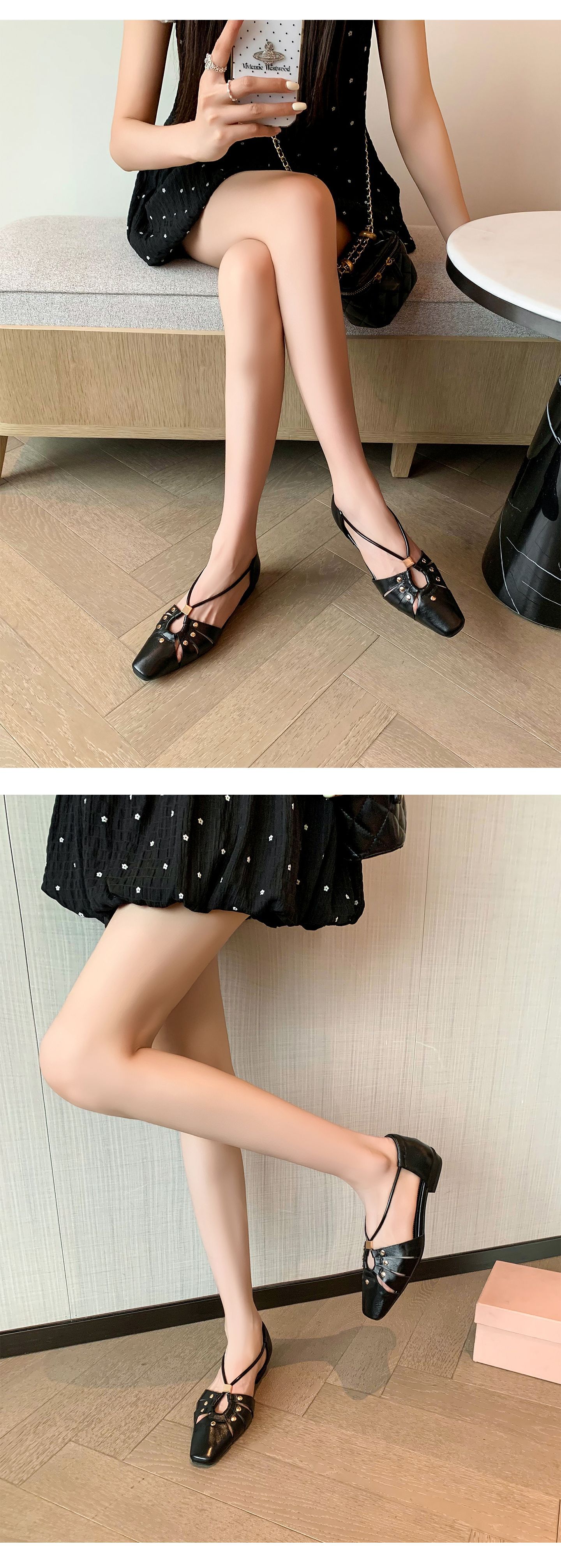 Dép sandal nữ da cừu đinh tán mũi kín gót kín phong cách Hàn Quốc đế bệt — đen chi tiết 11