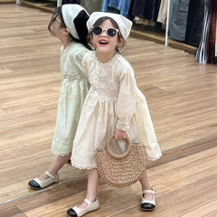 童裙女童連衣裙2024春裝法式重工蕾絲花邊仙女裙子禮服長袖公主裙