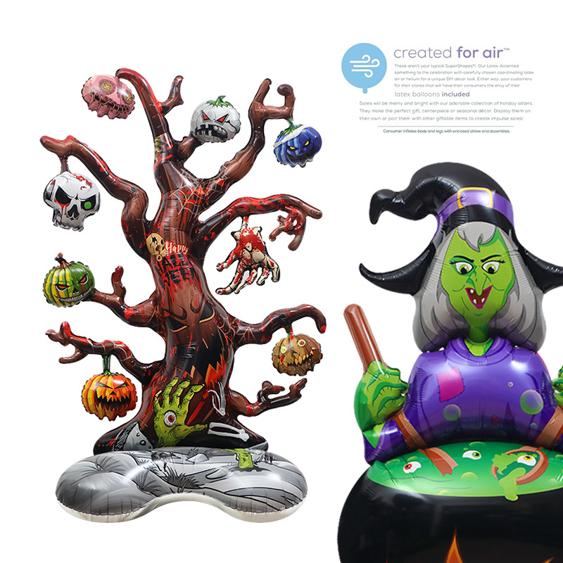 En stock accesorios de decoración de Halloween juguete globo 4D pie bruja árbol muerto forma de calabaza globo de dibujos animados de gran tamaño