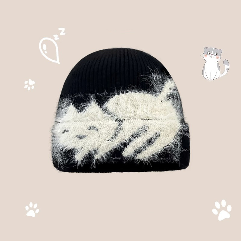 可爱毛绒小猫咪针织帽女韩版时髦百搭冷帽秋冬护耳毛线帽子包头帽|undefined