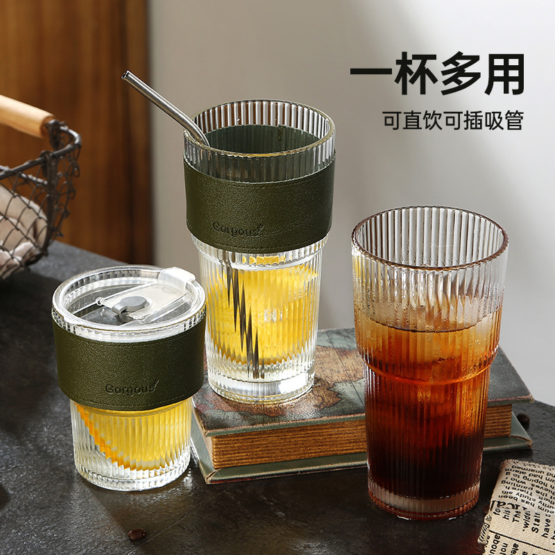 Straw Cup, Vertical Striped Glass Cup, High-Looking Glass Cup with Lid, Iced Americano Coffee Latte Cup, Modern and Simple
