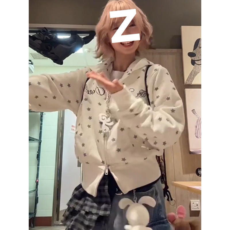 美式复古字母星星满印拉链卫衣女春秋宽松开衫连帽松弛感休闲外套|undefined