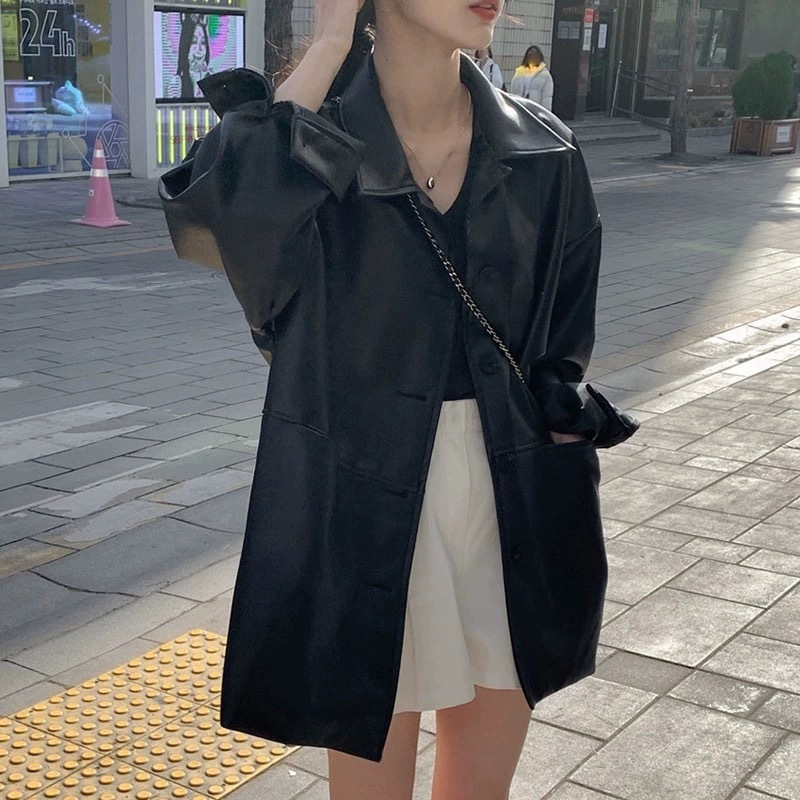 뜨거운 한국 잘 생긴 옷깃 싱글 브레스트 가죽 자켓 여성의 가을 새로운 느슨한 올매치 모방 가죽 자켓 탑