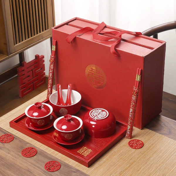 Duo Ji Red Bowl + Dui Tea Cup (Jinxi) Square Plate Gift Box