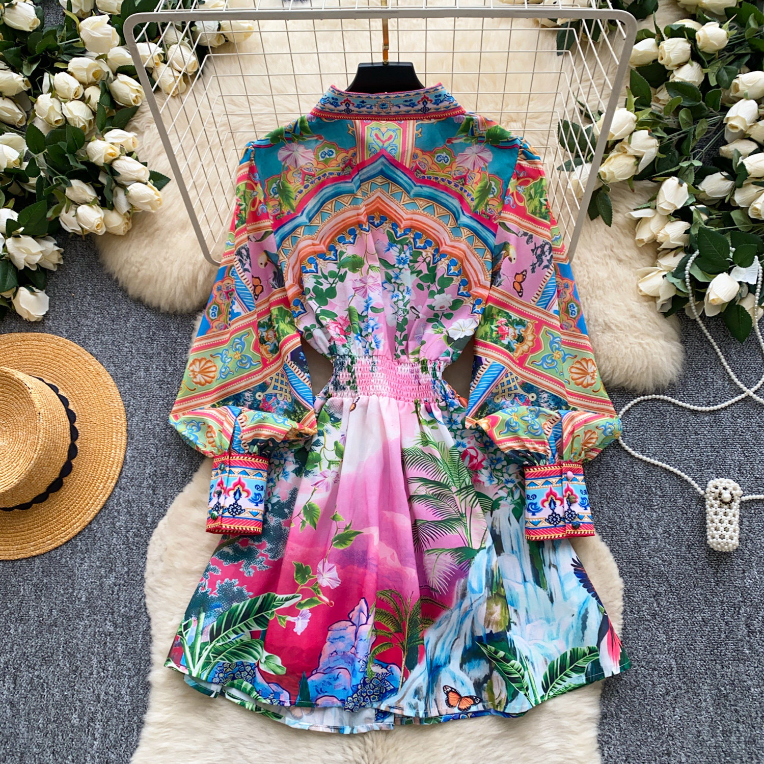 Women's Bohemian Print Dress Korean Style Long Sleeve Shirt Collar Tie Waist Cinching a Line Skirt for Vacation Summer_ecoleips.com