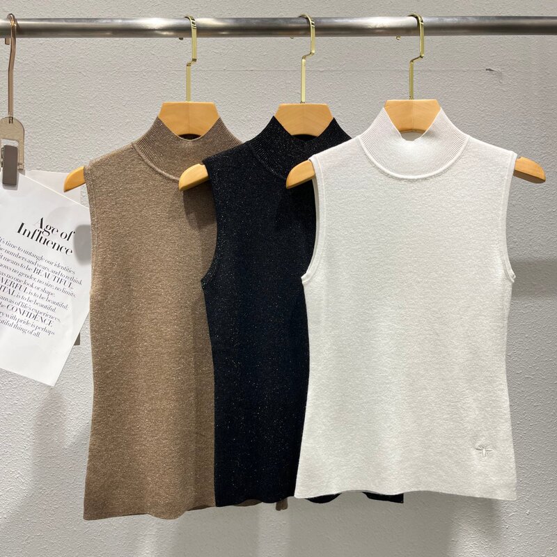Spring and Autumn Merino Wool Sweater Sleeveless Inner Collar High-Quality Temperament Vest Sweater Autumn Bottoming Shirt