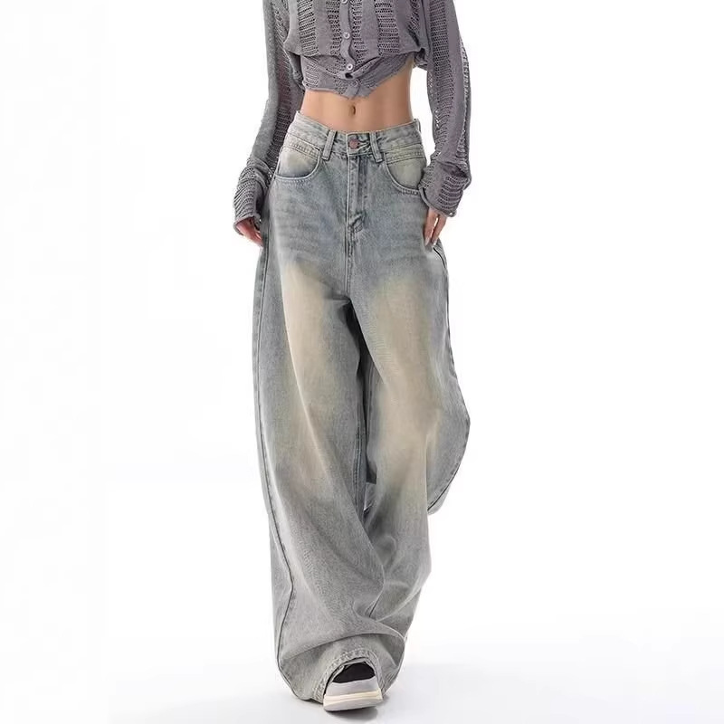 Retro Nostalgic Blue Wide-Leg Jeans for Women, Spring and Summer Loose Straight Pants, Gradient High-Waisted Floor-Length Pants with a Slimming Drape Effect Retro Nostalgic Blue Wide-Leg Jeans for Women, Spring and Summer Loose Straight Pants, Gradient High-Waisted Floor-Length Pants with a Slimming Drape Effect