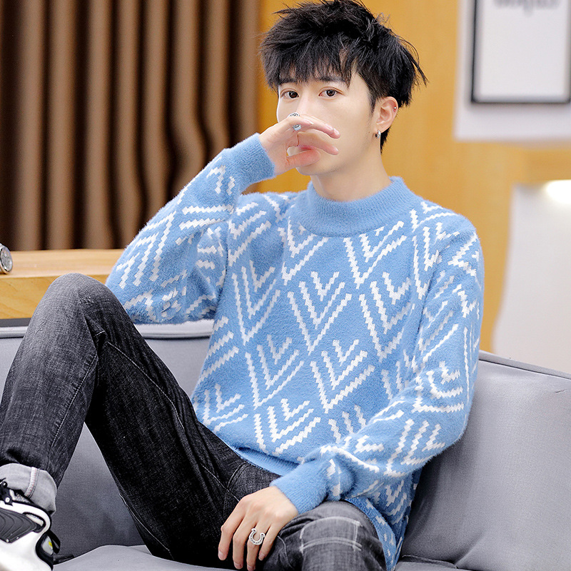 Comercio exterior transfronterizo 2021 otoño moda coreana personalidad de los hombres jóvenes imitación visón terciopelo medio alto cuello redondo suéter de punto hombres