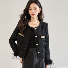 25秋冬新可拆卸鸵鸟毛黑色圆领上衣老佛爷同款小香风外套女22666