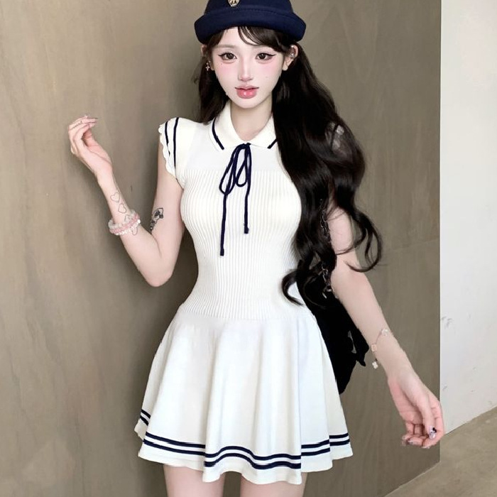 College Style Lapel Small Flying Sleeve Knitted Lace-Up Dress Summer New First Love Outfit Waist Slimming Short Skirt for Women