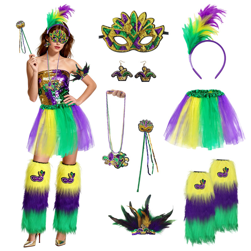 Nuevos productos transfronterizos Mardi Gras set de sequillas oro violeta verde fiesta de baile disfraz de bar espectáculo