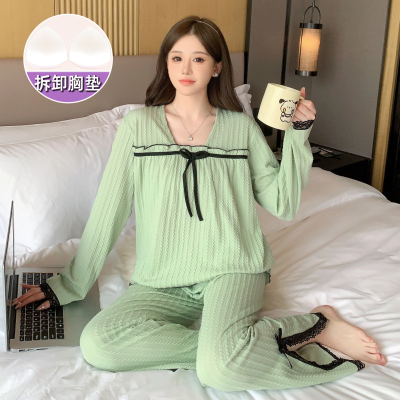 Simple verde jacquard de algodón de manga larga pijamas para mujeres primavera y otoño dulce con almohadilla en el pecho más tamaño gordito chica homewear