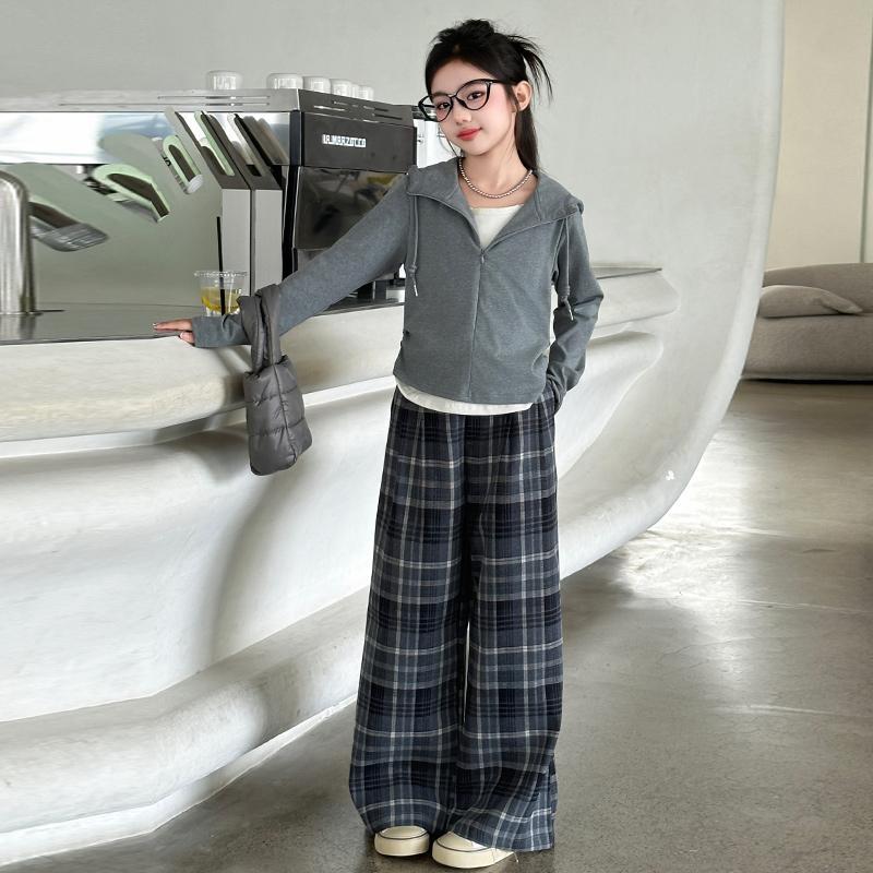 Zhili children's clothing set, fashionable casual hooded loose spring and autumn long-sleeved sporty plaid Korean style girls' set