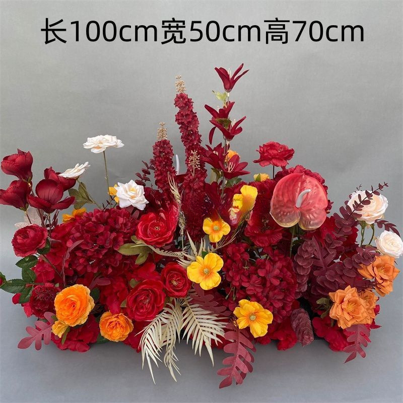 婚庆地排花红色中式订婚宴布置婚礼堂舞台路引花婚庆绢花排仿真花|undefined