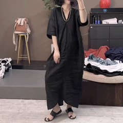 25792新大爱美依缘2025夏季新款V领纯色宽松显瘦长裙时尚连衣裙女