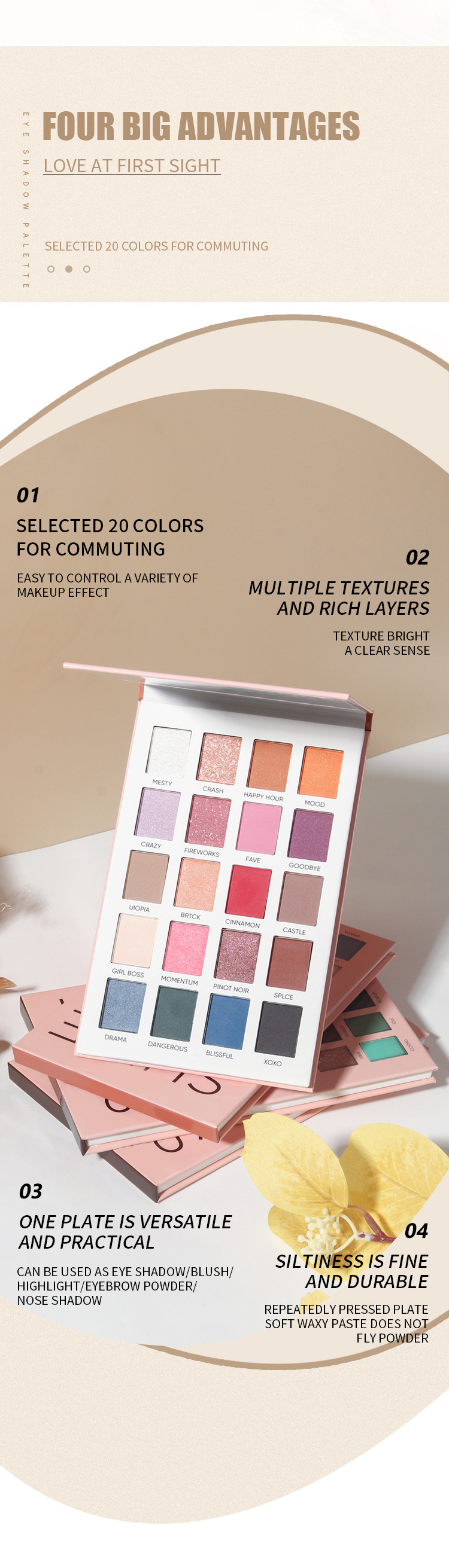 MISSYOUNG Cross-border 20-color eyeshadow palette, paper eyeshadow, pearlescent eye makeup, matte eyeshadow, Amazon Specification drawing