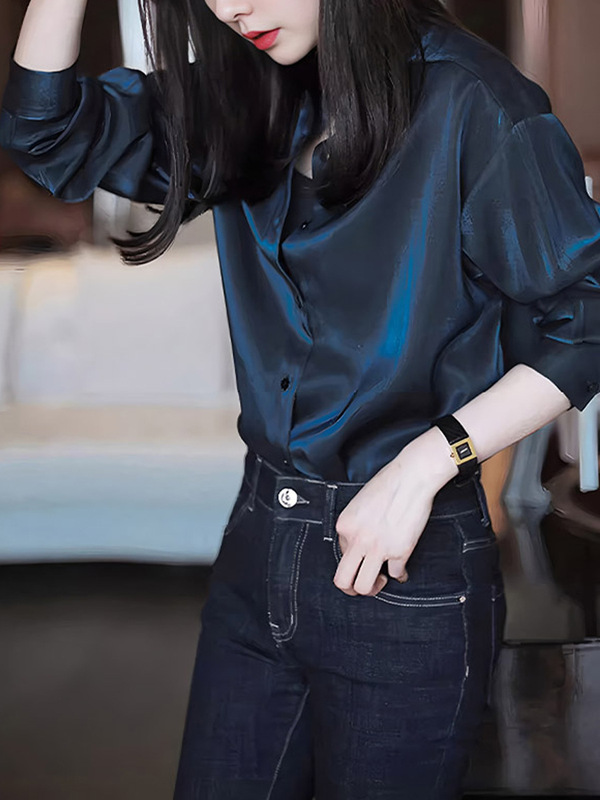 轻奢鎏金蓝zhen丝衬衣女小立领长袖设计感小众法式气质宽松衬衫上|undefined