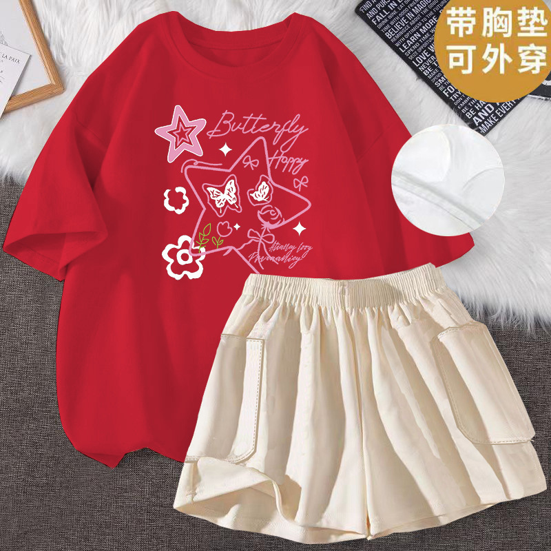 Pure Cotton Pajamas for Women Spring and Summer Short-Sleeved Shorts Two-Piece Suit with Chest Pad Sweet Pullover Large Size Loose Home Clothes