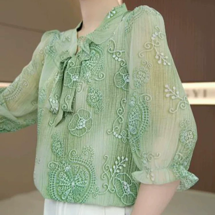 Популярная высококачественная женская рубашка для мам среднего и пожилого возраста 2025 года, летняя шифоновая рубашка с принтом, тонкий топ в западном стиле