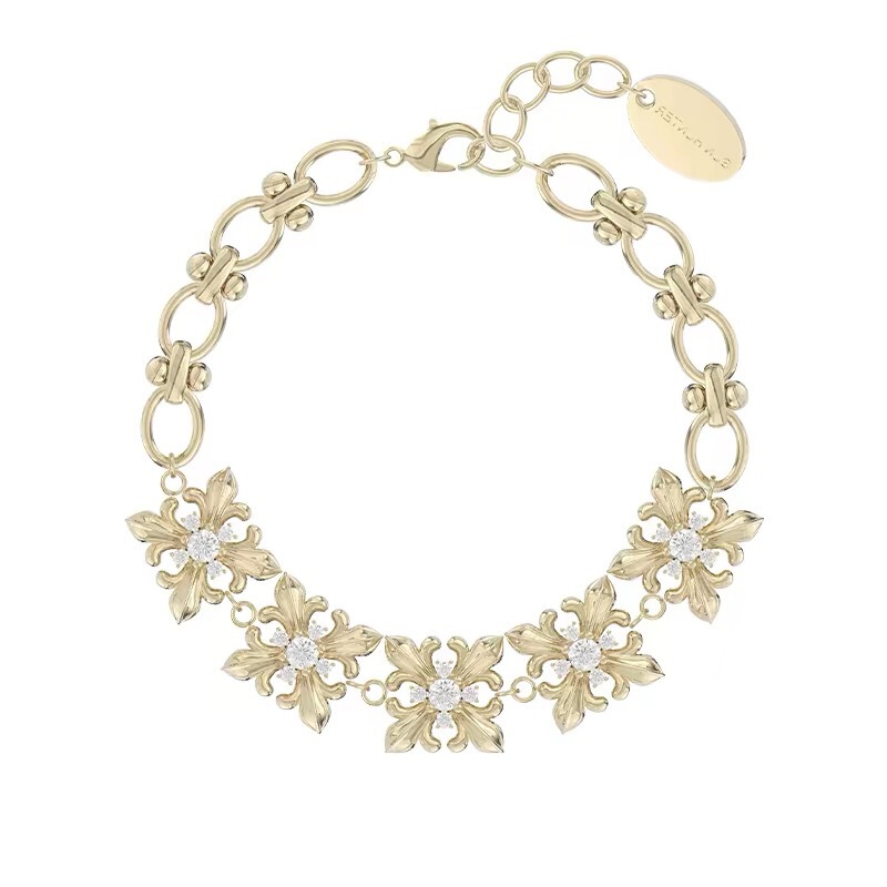 Three Horizontal Lines Titanium Gold Small Iris Flower Zircon Bracelet Vintage Maillard Jewelry Niche Design for Women Three Horizontal Lines Titanium Gold Small Iris Flower Zircon Bracelet Vintage Maillard Jewelry Niche Design for Women