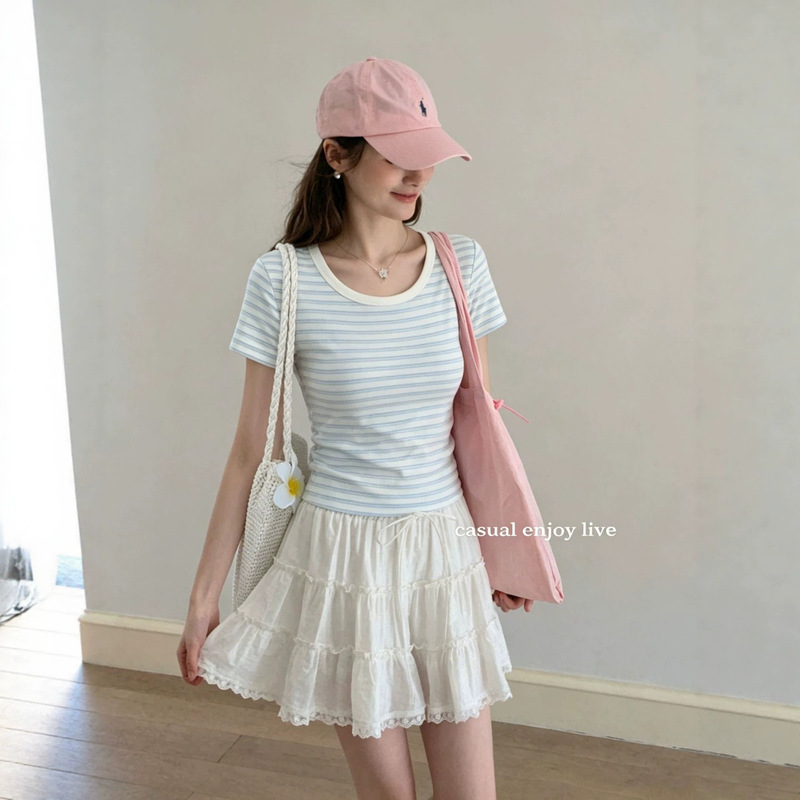Blue and White Striped Short-Sleeve T-Shirt for Women, Summer 2026 New Style, Fresh and Sweet Slim-Fit T-Shirt, Short Niche Top Blue and White Striped Short-Sleeve T-Shirt for Women, Summer 2026 New Style, Fresh and Sweet Slim-Fit T-Shirt, Short Niche Top