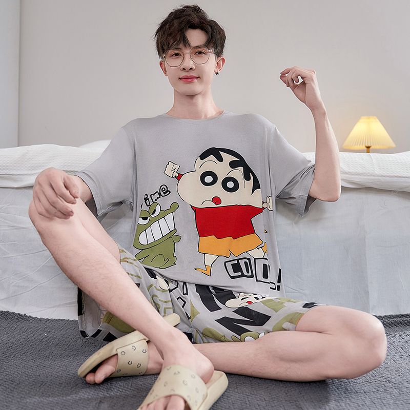 Modal Men's Pajamas Summer New Round Neck Short-Sleeved Shorts Youth Cartoon Cute Loose and Comfortable Home Clothes