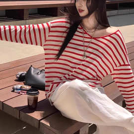 夏诗文仿亚麻大V领针织衫T恤女松弛感慵懒条纹落肩上衣