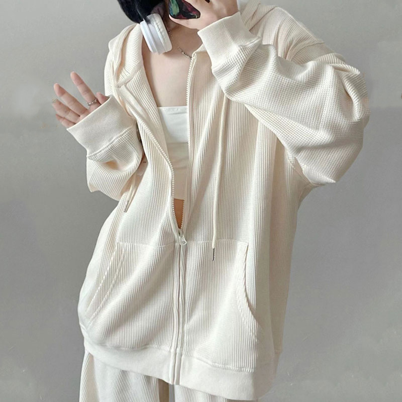 华夫格连帽卫衣女秋oversize宽松薄款拉链开衫外套秋季加绒加厚|undefined